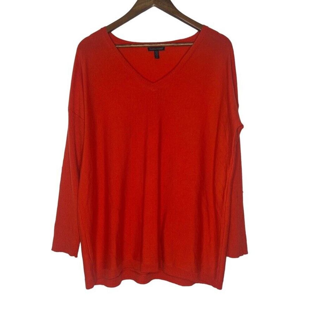 Eileen Fisher Red Wool V-Neck Sweater Size S Lightweight Casual